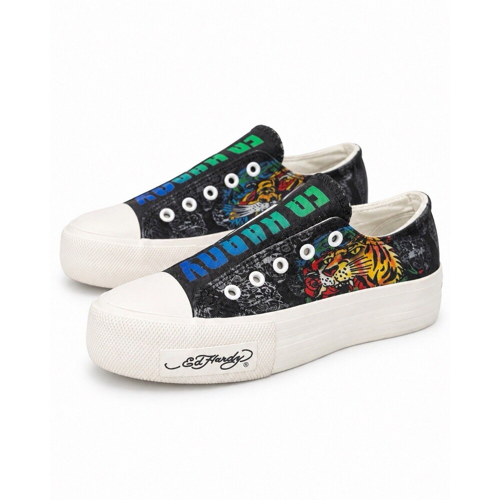 Vintage 2006 Ed Hardy Poppy Black Tiger Tattoo Laceless Low Top Slip On Sneakers